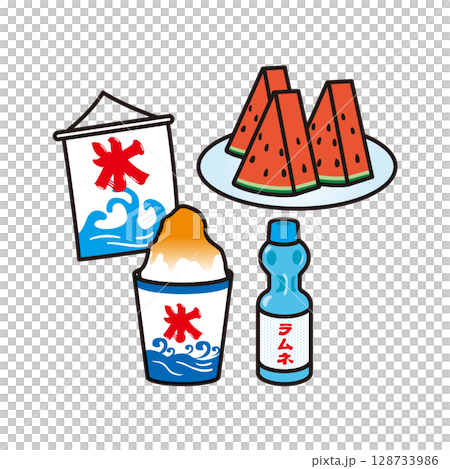かき氷とラムネとスイカ　イラスト 128733986