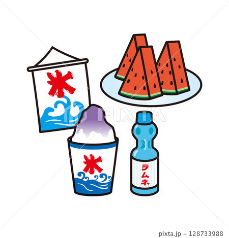 かき氷とラムネとスイカ　イラスト 128733988