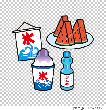かき氷とラムネとスイカ　イラスト 128733988