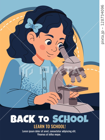 Back to School Science Poster Template. Schoolgirl Scientist Working at Microscope, Flat Style. Banner for Online Learning, E-Learning, Laboratory Research. Cartoon Vector Illustration 128734096