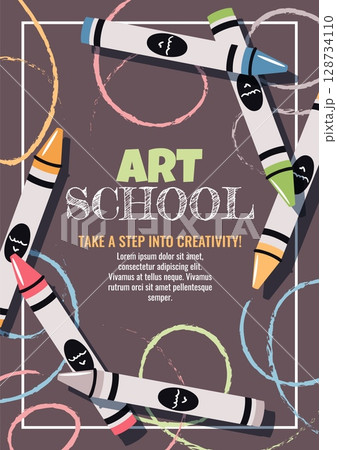 Back to School Poster Template. Kids Art Class with Wax Crayons in Flat Style. Banner for art workshop, for Virtual Art Lessons and Creative learning. Background for Kindergarten, Elementary School Back to School Poster Template. Kids Art Class with Wax Crayons in Flat Style. Banner for art workshop, for Virtual Art Lessons and Creative learning. Background for Kindergarten, Elementary School 128734110