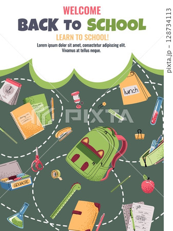 Back to school poster template. Background with backpack, book and school supplies in flat style. Banner concept for college, preschool, school. Ideal for print, web ads, online education, school sale 128734113