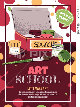 Art Class for Kids. Painting Lessons Poster Template. Vibrant Flat design with gouache jars with brushes. Banner for Children's Creativity Studio, Online Art Courses or Preschool Painting Workshops Art Class for Kids. Painting Lessons Poster Template. Vibrant Flat design with gouache jars with brushes. Banner for Children's Creativity Studio, Online Art Courses or Preschool Painting Workshops 128734116
