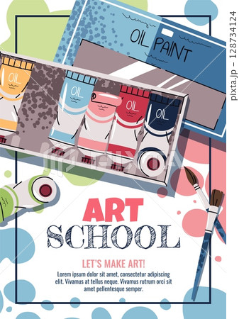 Art Class Poster Template. Art Studio Cover for Kids and Adults. Oil Paints and Brushes in Flat Style. Banner for Fine Art Courses, Creative Workshops and Painting Lessons. Trend doodle Illustration. Art Class Poster Template. Art Studio Cover for Kids and Adults. Oil Paints and Brushes in Flat Style. Banner for Fine Art Courses, Creative Workshops and Painting Lessons. Trend doodle Illustration. 128734124