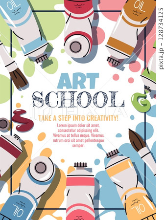 Art Class Poster Template. Art Studio Cover for Kids and Adults. Tubes of Oil Paints, Brushes in Flat Style. Banner for Fine Art Course, Creative Workshop, Painting Lesson. Trend doodle Illustration Art Class Poster Template. Art Studio Cover for Kids and Adults. Tubes of Oil Paints, Brushes in Flat Style. Banner for Fine Art Course, Creative Workshop, Painting Lesson. Trend doodle Illustration 128734125
