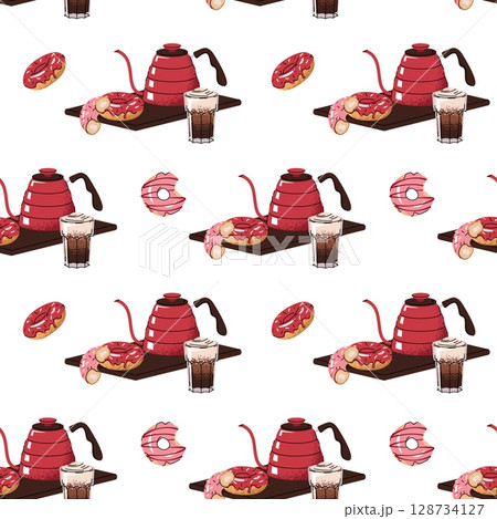Seamless Coffee Pattern with Teapot, Mug and Donuts on Tray. Cozy Cafe Texture for Branding, Food Packaging, Menu Design, Wallpaper, Bakery Decor, Web Background, Coffee Shop Seamless Coffee Pattern with Teapot, Mug and Donuts on Tray. Cozy Cafe Texture for Branding, Food Packaging, Menu Design, Wallpaper, Bakery Decor, Web Background, Coffee Shop 128734127