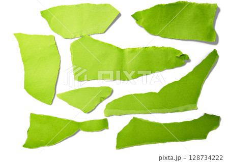 Set of pieces of ripped and torn green paper isolated on a white background. Copy space 128734222