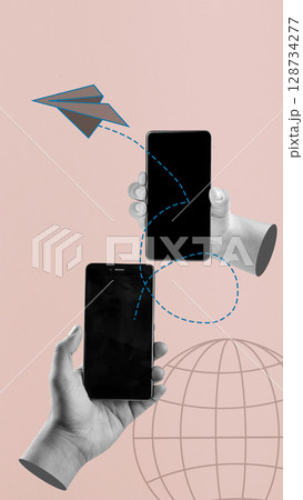 Human hand holding a cellphone with a flying paper airplane. Mockup or Copy space. Concept of travel. Collage art Human hand holding a cellphone with a flying paper airplane. Mockup or Copy space. Concept of travel. Collage art 128734277