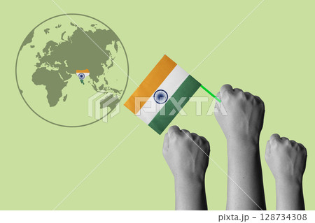 Human hand holding the Indian flag to celebrate India Independence Day. Collage art 128734308