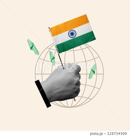 Human hand holding the Indian flag to celebrate India Independence Day. Collage art Human hand holding the Indian flag to celebrate India Independence Day. Collage art 128734309