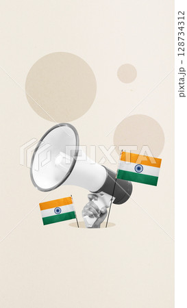 Human hand holding a megaphone and the Indian flag to celebrate India Independence Day. Collage art Human hand holding a megaphone and the Indian flag to celebrate India Independence Day. Collage art 128734312