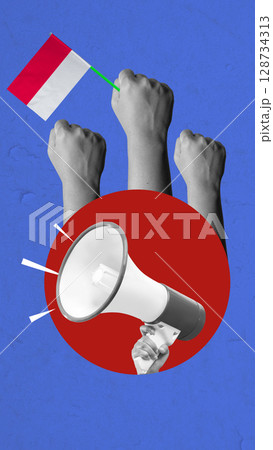 Human hand holding a megaphone and the Indonesian flag to celebrate Indonesia Independence Day. Collage art. Concept of Kemerdekaan Human hand holding a megaphone and the Indonesian flag to celebrate Indonesia Independence Day. Collage art. Concept of Kemerdekaan 128734313