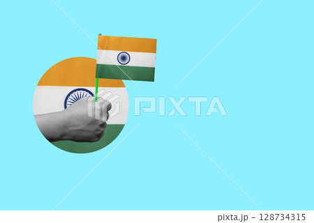 Human hand holding the Indian flag to celebrate India Independence Day. Collage art 128734315