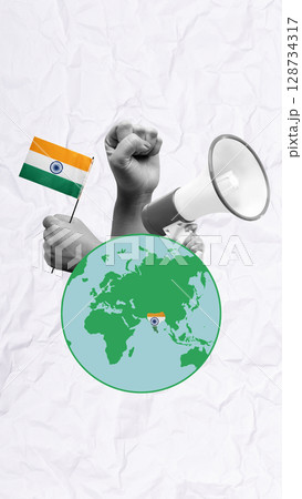 Human hand holding a megaphone and the Indian flag to celebrate India Independence Day. Collage art 128734317