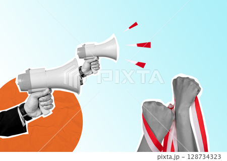 Human hand holding a megaphone and the Indonesian flag to celebrate Indonesia Independence Day. Collage art. Concept of Kemerdekaan Human hand holding a megaphone and the Indonesian flag to celebrate Indonesia Independence Day. Collage art. Concept of Kemerdekaan 128734323