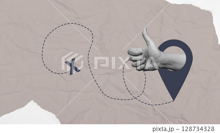 Human hand showing thumb up gesture through a location map pin hole. Concept of travel. Collage art Human hand showing thumb up gesture through a location map pin hole. Concept of travel. Collage art 128734328