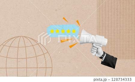 Businessman holding a megaphone showing a speech bubble with five star rating. Concept of positive review. Collage art Businessman holding a megaphone showing a speech bubble with five star rating. Concept of positive review. Collage art 128734333