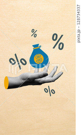 Human hand showing dollar money bag with percentage symbol. Concept of tax. Collage art 128734337