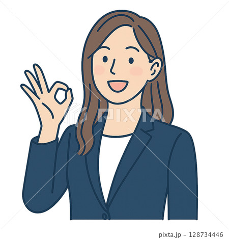 OKサインをするスーツ姿の女性ビジネスパーソンのイラスト 128734446