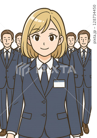 スーツ姿の若手女性社員と男性社員の集合イラスト 128734450