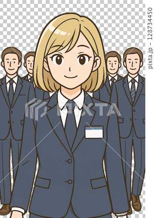 スーツ姿の若手女性社員と男性社員の集合イラスト 128734450