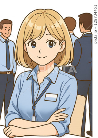 オフィスで働く若手女性社員と職場の同僚たちのイラスト 128734451