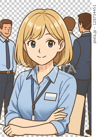Illustration of young female employees working in an office and their colleagues 128734451