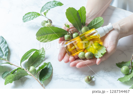 茶の実オイル 茶の実油 お茶のスキンケアイメージ写真 茶の実オイル 茶の実油 お茶のスキンケアイメージ写真 128734467