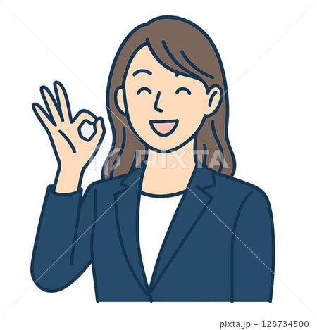 OKサインをするスーツ姿の女性ビジネスパーソンのイラスト 128734500
