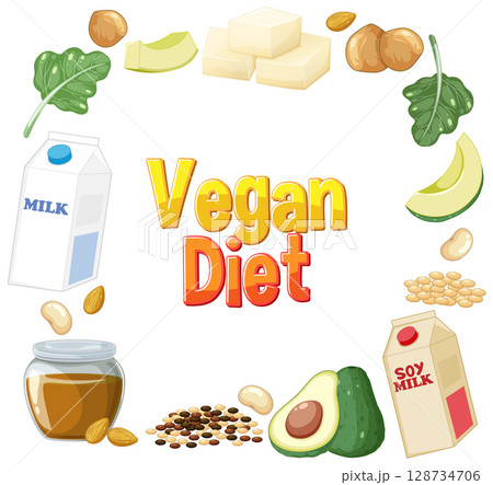 Colorful Vegan Diet Illustration with Various Foods 128734706