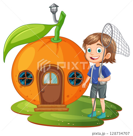 Whimsical Orange House with Child and Net 128734707