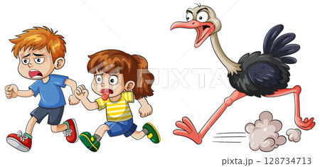 Children Running from a Chasing Ostrich 128734713