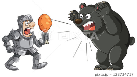 Knight Confronts Angry Bear with Chicken Drumstick 128734717
