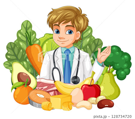 Young Nutritionist Surrounded by Healthy Food Choices Young Nutritionist Surrounded by Healthy Food Choices 128734720