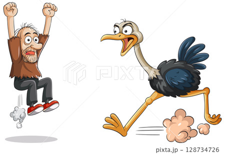 Man Jumping in Fear as Ostrich Charges Forward Man Jumping in Fear as Ostrich Charges Forward 128734726