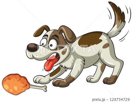 Excited Dog Reaching for Tasty Chicken Leg 128734729