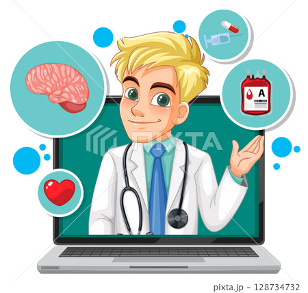 Virtual Doctor Consultation with Medical Icons and Laptop Virtual Doctor Consultation with Medical Icons and Laptop 128734732