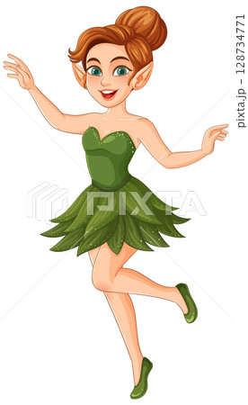 Playful Fairy in Green Dress Vector Illustration 128734771