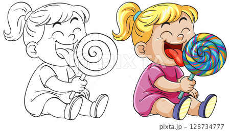 Smiling Girl Enjoying Large Colorful Lollipop 128734777