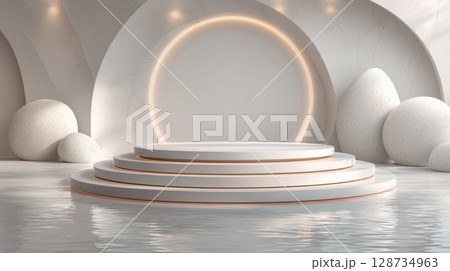 round podium on smooth surface with faint abstract curves and subtle reflections 128734963