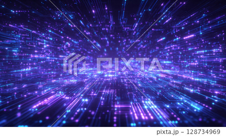 digital data grid style, bright neon lines forming infinite circuit board stretching into darkness, glowing in purple and cyan 128734969
