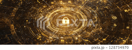golden padlock at center of fractal circuit mandala with glowing symbols radiating 128734970