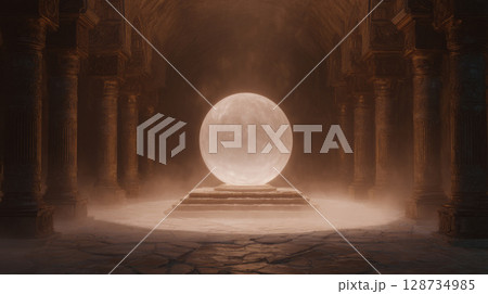 Glowing ancient relic orb floating in a misty temple chamber 128734985