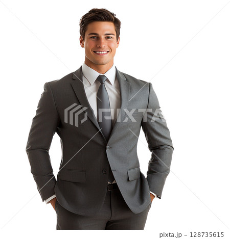 Professional young man in a suit with a confident smile standing isolated against a white background 128735615