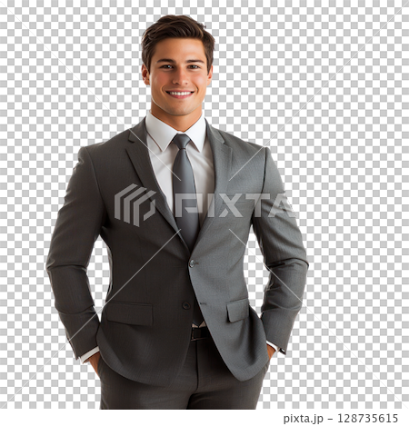 Professional young man in a suit with a confident smile standing isolated against a white background 128735615