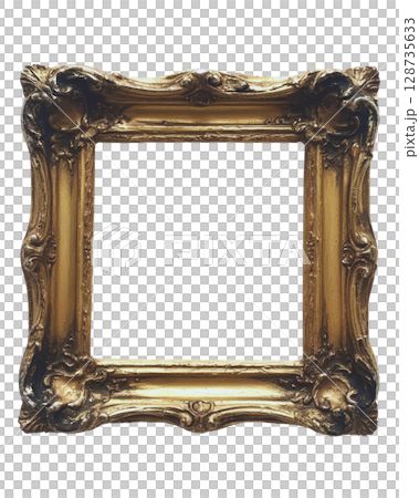 Decorative golden picture frame with intricate details isolated on white background for showcasing art 128735633