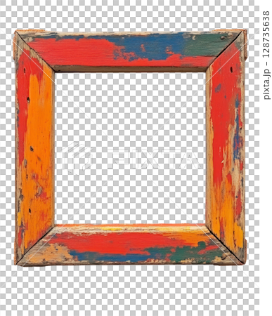 Colorful wooden frame with vibrant paint remnants isolated on a white background Colorful wooden frame with vibrant paint remnants isolated on a white background 128735638
