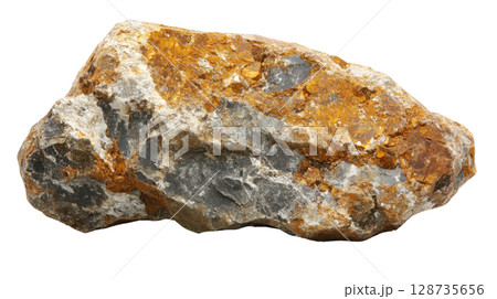 Rock fragment with a mix of gray and orange mineral deposits in isolated view Rock fragment with a mix of gray and orange mineral deposits in isolated view 128735656