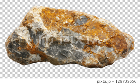 Rock fragment with a mix of gray and orange mineral deposits in isolated view Rock fragment with a mix of gray and orange mineral deposits in isolated view 128735656