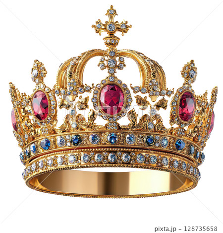 Intricate golden crown adorned with colorful gemstones on a white background 128735658